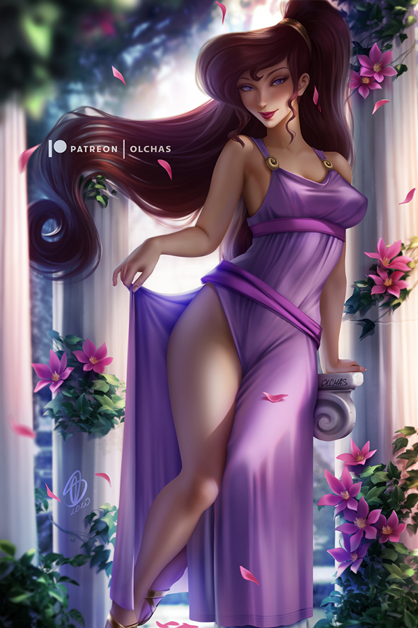 big breasts, breasts, clothed female, disney, female, female focus, female only, flower, hercules (disney), long hair, megara, olchas, solo, solo female, solo focus, text
