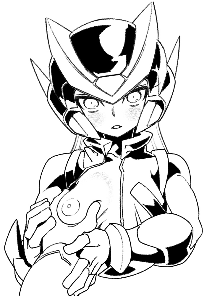 1girls blush breast_grab breasts helmet kaminari long_hair mega_man mega_man_zero monochrome nipples robot_girl rule_63 shirt_open zero_(mega_man)