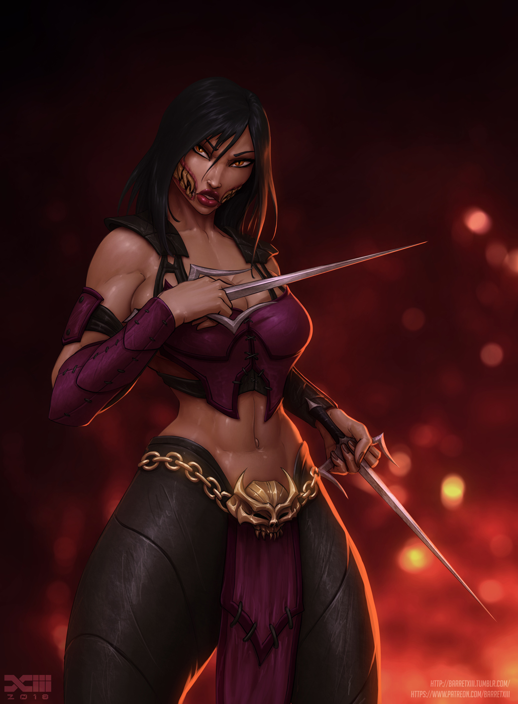 2018 2d abs barretxiii big_thighs black_fur cat_eyes midriff mileena mortal_kombat mortal_kombat_x muscular muscular_female sharp_teeth solo solo_female teeth thighs thunder_thighs toned toned_female weapon yellow_eyes