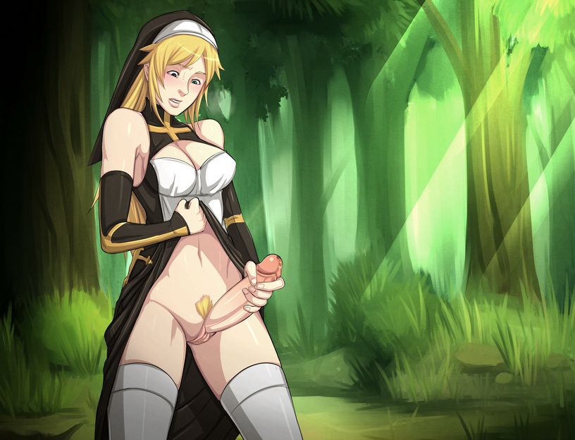 1futa absolute_territory claire's_quest cleavage clothed clothing detailed_background dress dress_lift female forest futa_only futa_sans_balls futanari futanari_transformation human human_only looking_down masturbation nun open_mouth pale_skin penile_masturbation penis penis_growth pigutao solo thighhighs transformation yellow_hair