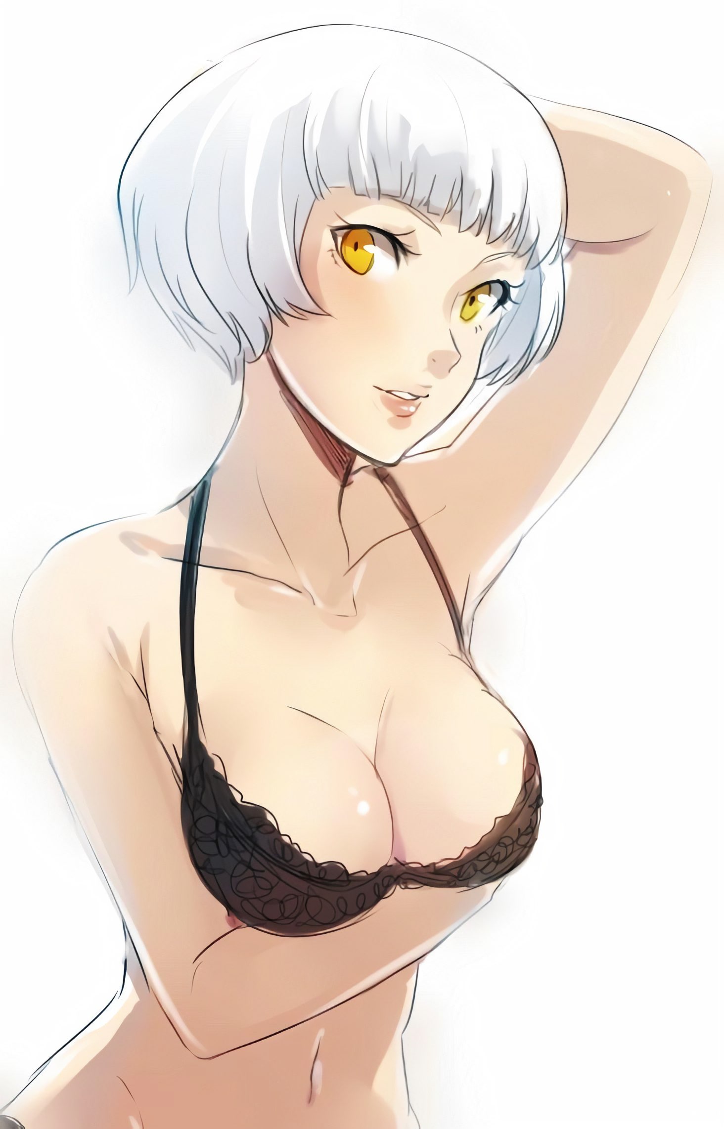 1girls, arm under breasts, atlus, bra, breasts, cleavage, elizabeth (persona), female, lingerie, looking at viewer, medium breasts, persona, persona 3, solo, standing, white background, white hair, yellow eyes