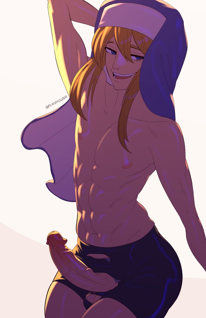 1boy, ambush (trap), androgynous, armpits, arms up, blonde hair, bridget, canon crossdressing, crossdressing, femboy, girly, guilty gear, male, male focus, male only, medium penis, muscular, muscular male, nun's habit, penis, playzholder