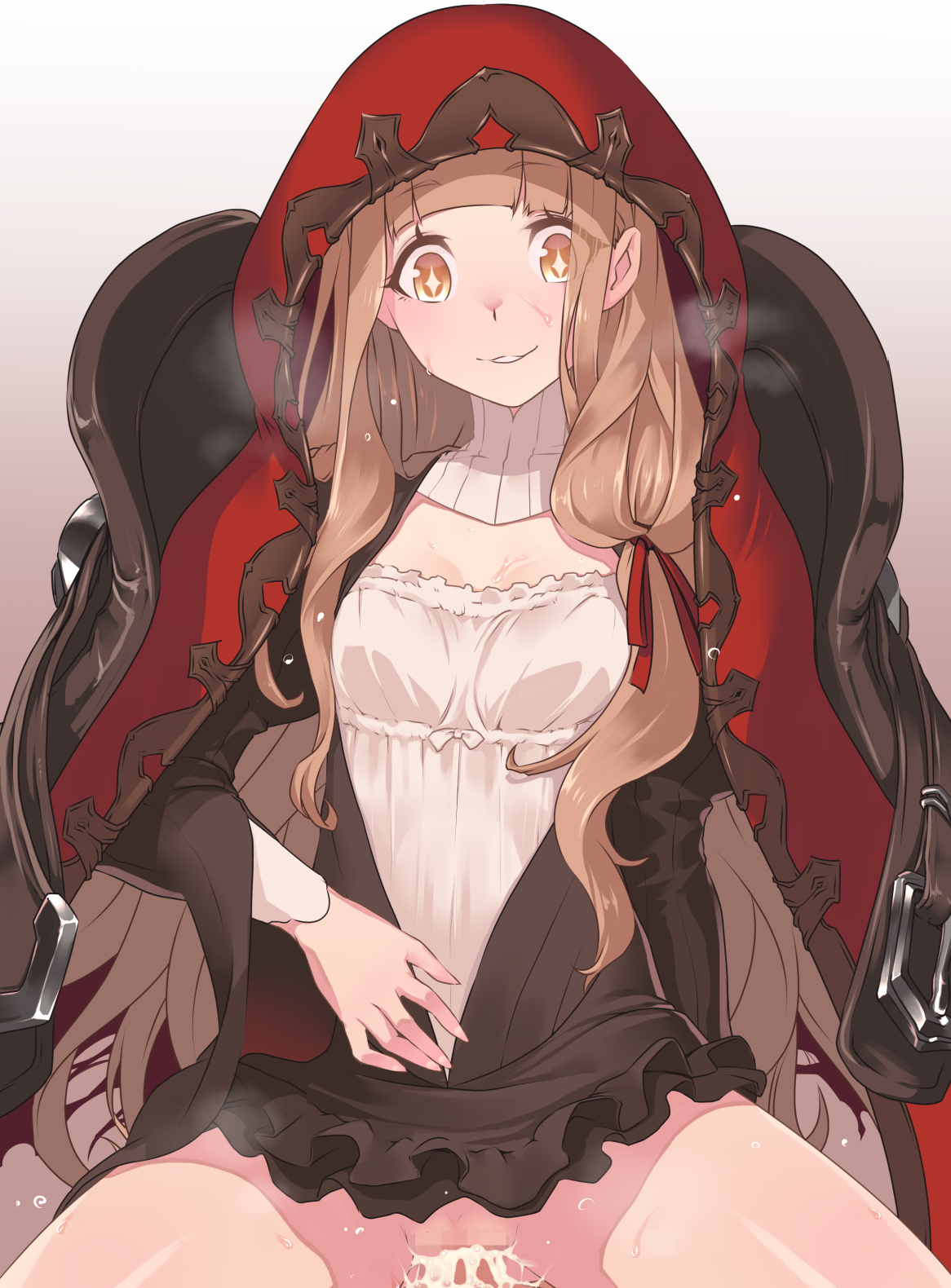 + +, bangs, blonde hair, blunt bangs, breasts, cape, clothed sex, cum, cum in pussy, eyebrows visible through hair, female, highres, hikichi sakuya, hood, hood up, hooded cape, little red riding hood (sinoalice), long hair, looking at viewer, no panties, pussy, red hood, sex, simple background, sinoalice, small breasts, solo, solo focus, vaginal penetration, yellow eyes