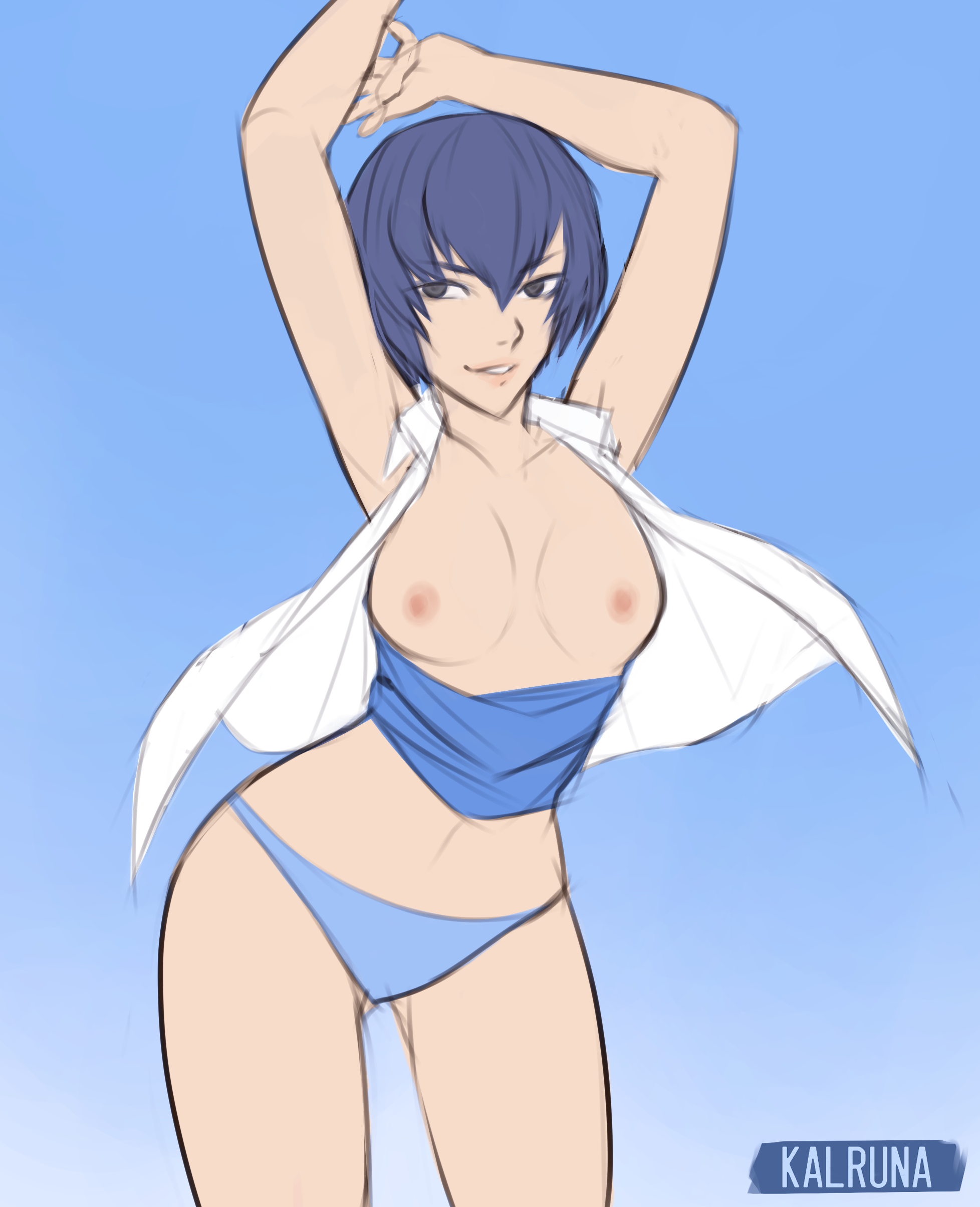 1girls, arms up, atlus, blue hair, female, kalruna, persona, persona 4, shirogane naoto, short hair, solo, topless