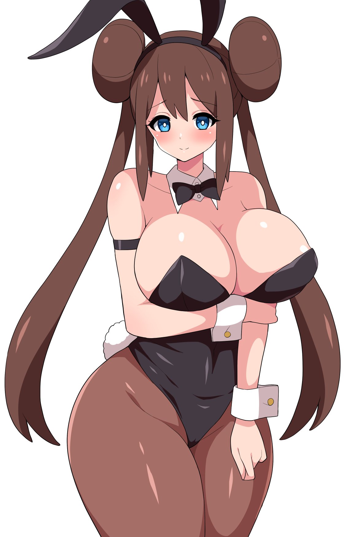 1girls, aikome (haikome), big breasts, breasts, brown hair, bunny ears, bunnysuit, covered nipples, covered pussy, double bun, female, haikome, huge breasts, large breasts, light skin, light-skinned female, long hair, nintendo, pale skin, pale-skinned female, pokemon, pokemon bw, pokemon bw2, pussy, rosa (pokemon), thick thighs, thighs, twintails, white background, wide hips