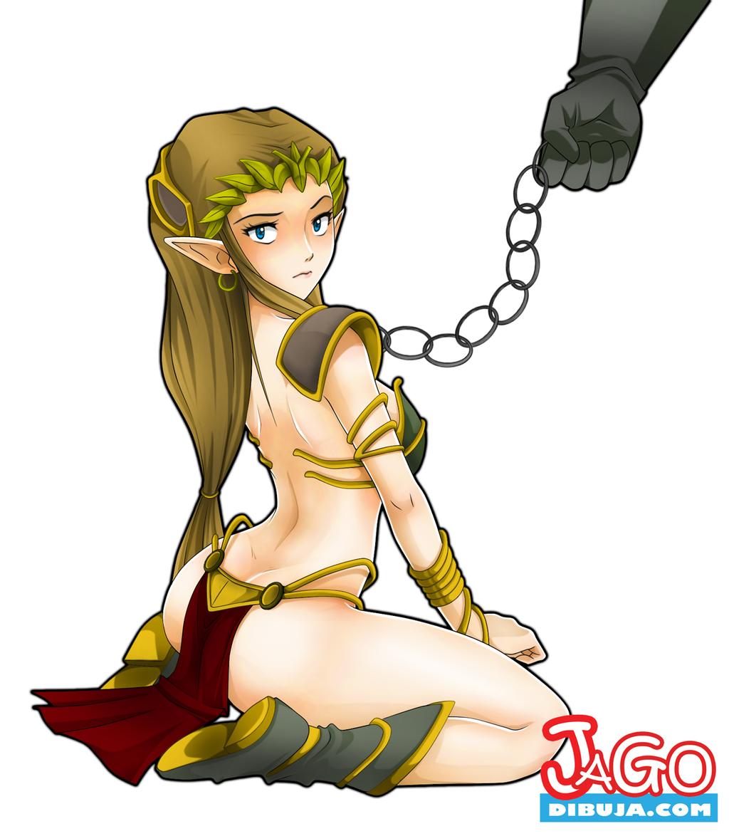 armband, ass, belly dancer, belly dancer outfit, blue eyes, boots, breasts, chain leash, chains, curvy, dancer, dancer outfit, elf ears, female, harem girl, harem outfit, hylian, jago dibuja, large breasts, light brown hair, link, loincloth, long hair, looking at viewer, looking over shoulder, pointy ears, princess zelda, slave, slave bikini, slave girl, slave leia (cosplay), slave outfit, star wars, the legend of zelda, thick thighs, twilight princess, voluptuous, zelda (twilight princess)