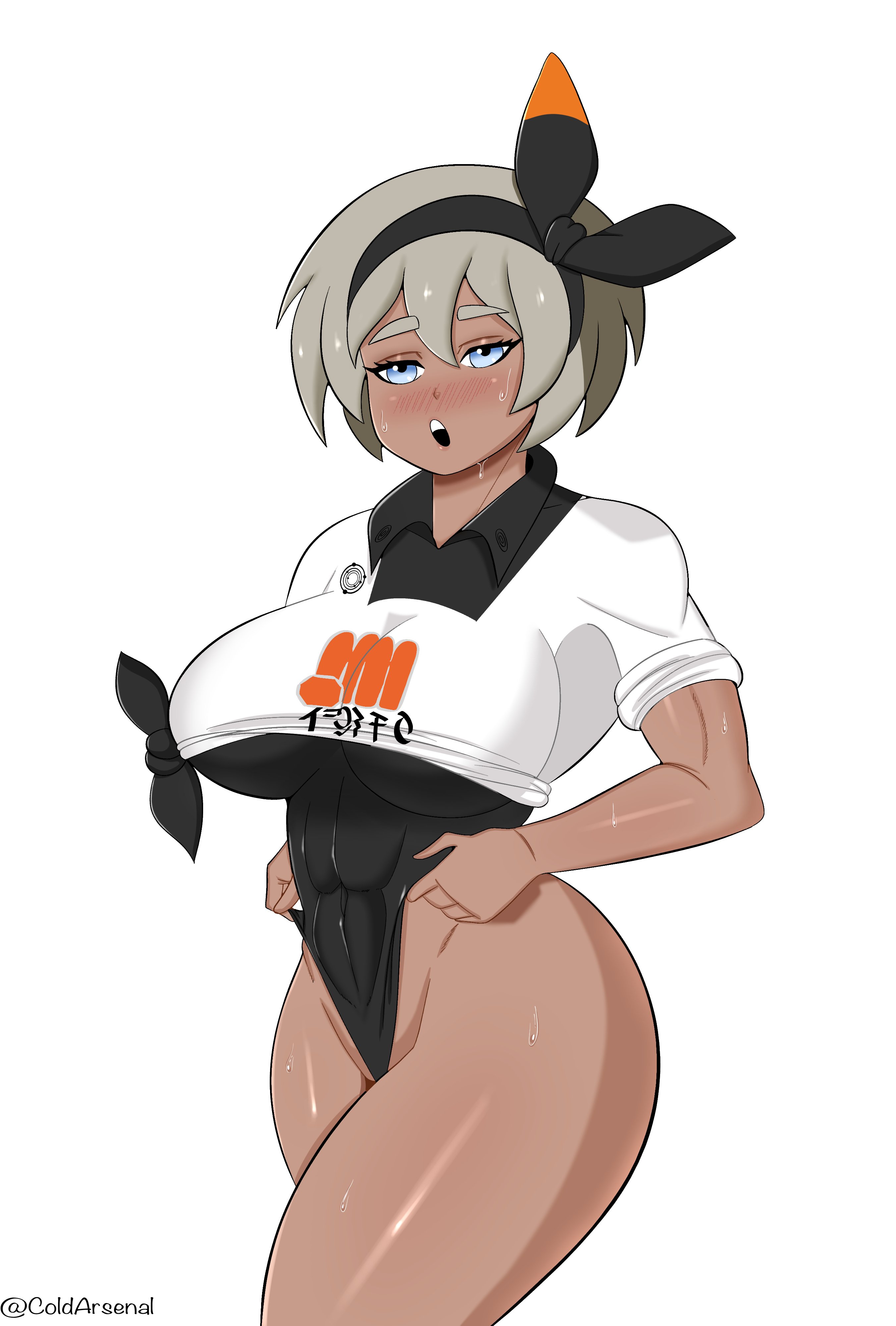 bea (pokemon), big breasts, breasts, clothed female, coldarsenal, dark skin, dark-skinned female, female, female focus, female only, grey hair, nintendo, nipples, nipples visible through clothing, no nostrils, no source, pokemon, pokemon ss, small nose, solo, solo female, solo focus, very small nose