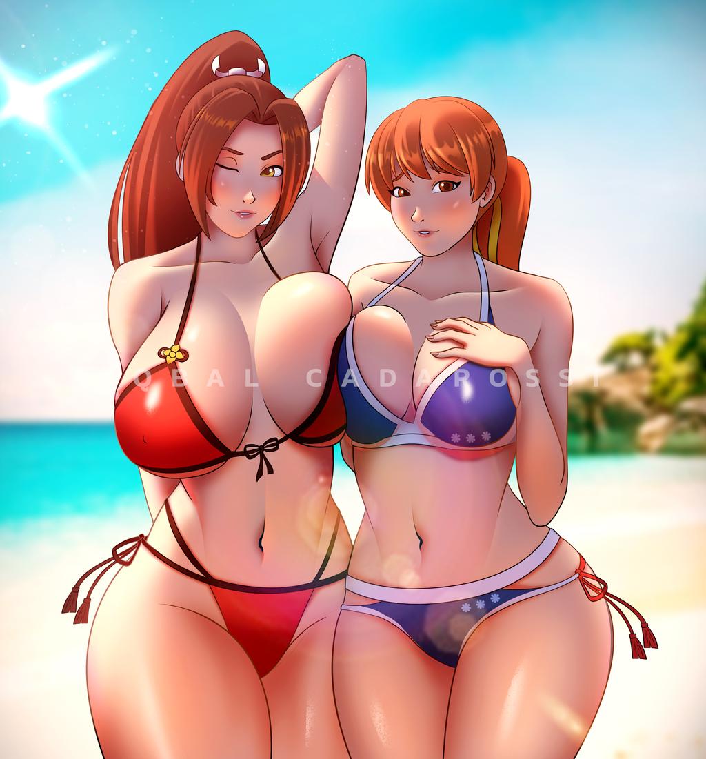 2girls, alternate breast size, asian, asymmetrical docking, auburn hair, beach, belly, bikini, biting lip, blue bikini, breast press, breast squish, breasts, brown eyes, brown hair, curvy, dead or alive, deviantart, fatal fury, female, female only, front-tie top, hand behind head, huge breasts, human, human only, kasumi (doa), king of fighters, king of fighters all stars, looking at viewer, mai shiranui, multiple females, multiple girls, navel, ocean, one eye closed, ponytail, qobals, red bikini, sand, seaside, side-tie panties, snk, sunshine, thick thighs, thong, video games, voluptuous, water, wide hips, wink
