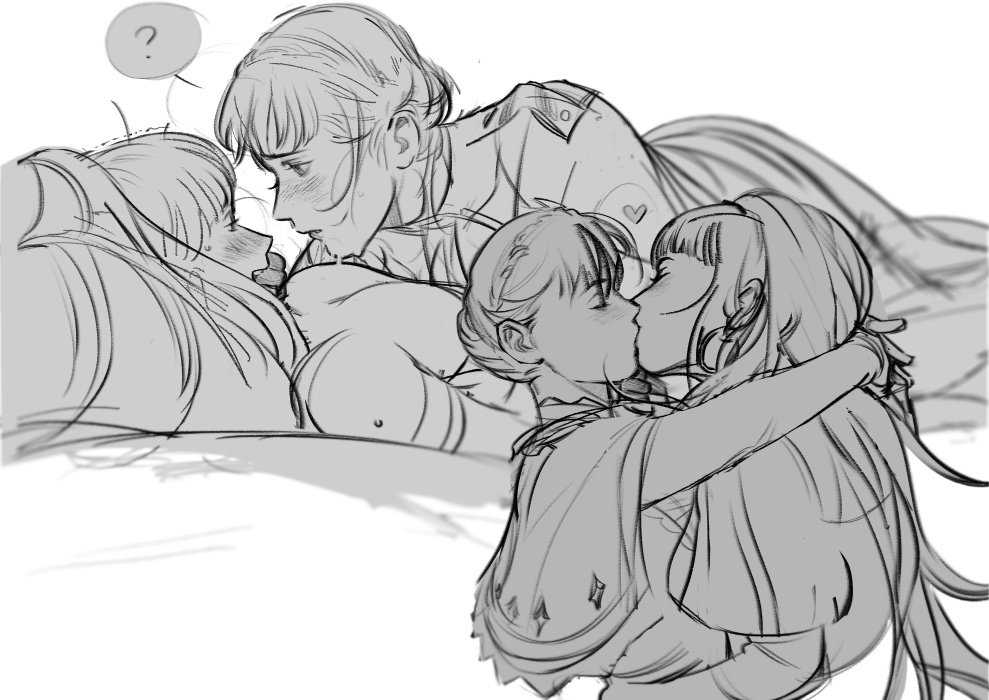 2girls blush chamberdream fire_emblem fire_emblem:_three_houses hilda_valentine_goneril hugging kissing marianne_von_edmund monochrome nintendo redchamberdream sweat yuri