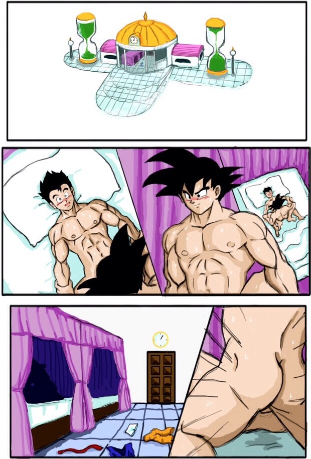 2boys, abs, age difference, anal penetration, anal sex, clothes on floor, dragon ball, friz don't muv, gay, gay sex, hyperbolic time chamber, incest, legs held open, male, male nipples, male only, nipples, older dom younger sub, older penetrating younger, on bed, pecs, son gohan, son goku, tagme, thrusting into ass, yaoi