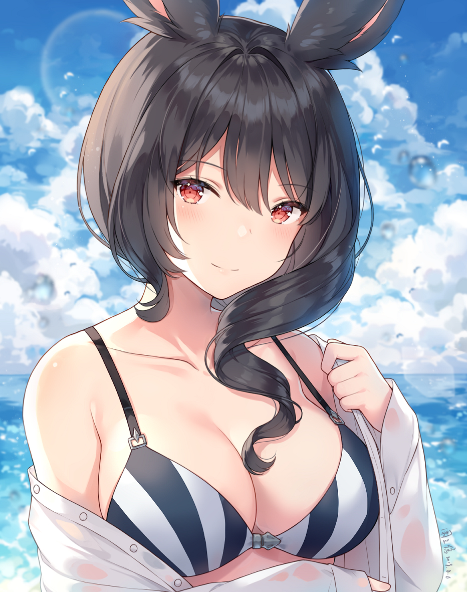 1girls, beach, black hair, breasts, bunny ear, bunny ears, cleavage, dark hair, detailed background, eyebrows visible through hair, female, female only, final fantasy, looking at viewer, red eyes, smile, smiling, smiling at viewer, solo, solo female, solo focus, swimsuit, tagme, viera