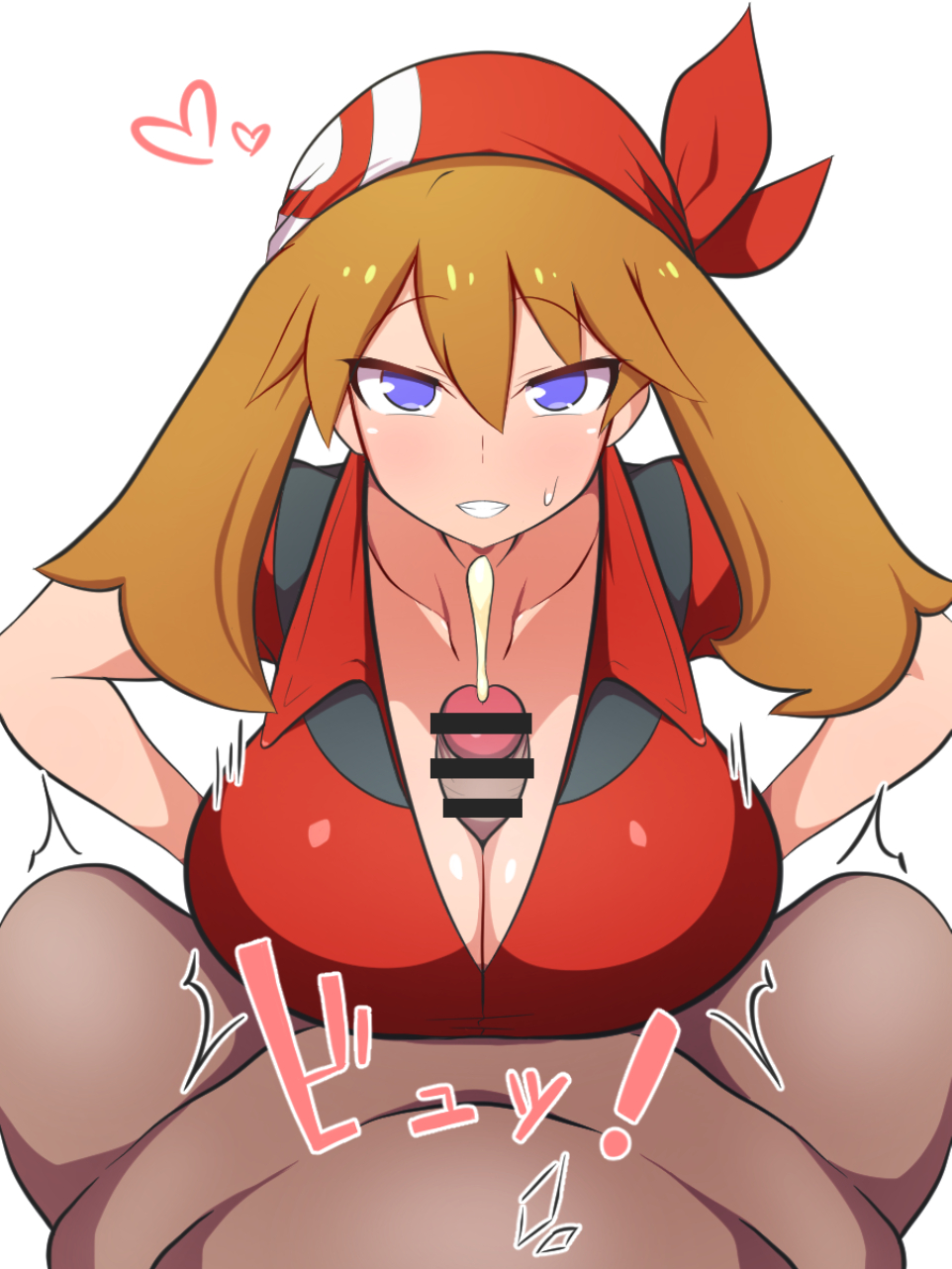 1boy, 1girls, alternate breast size, alternate eye color, big breasts, blush, breasts, brown hair, censor bar, censored, clothed female nude male, clothing, cum, cum between breasts, dark skin, dark-skinned male, dd (artist), ejaculation, ejaculation between breasts, eye contact, female, huge breasts, human, konno tohiro, large breasts, light skin, light-skinned female, looking at viewer, male, may (pokemon), medium hair, nintendo, paizuri, paizuri under clothes, pale skin, pale-skinned female, penis, pokemon, pokemon rse, straight, sweat