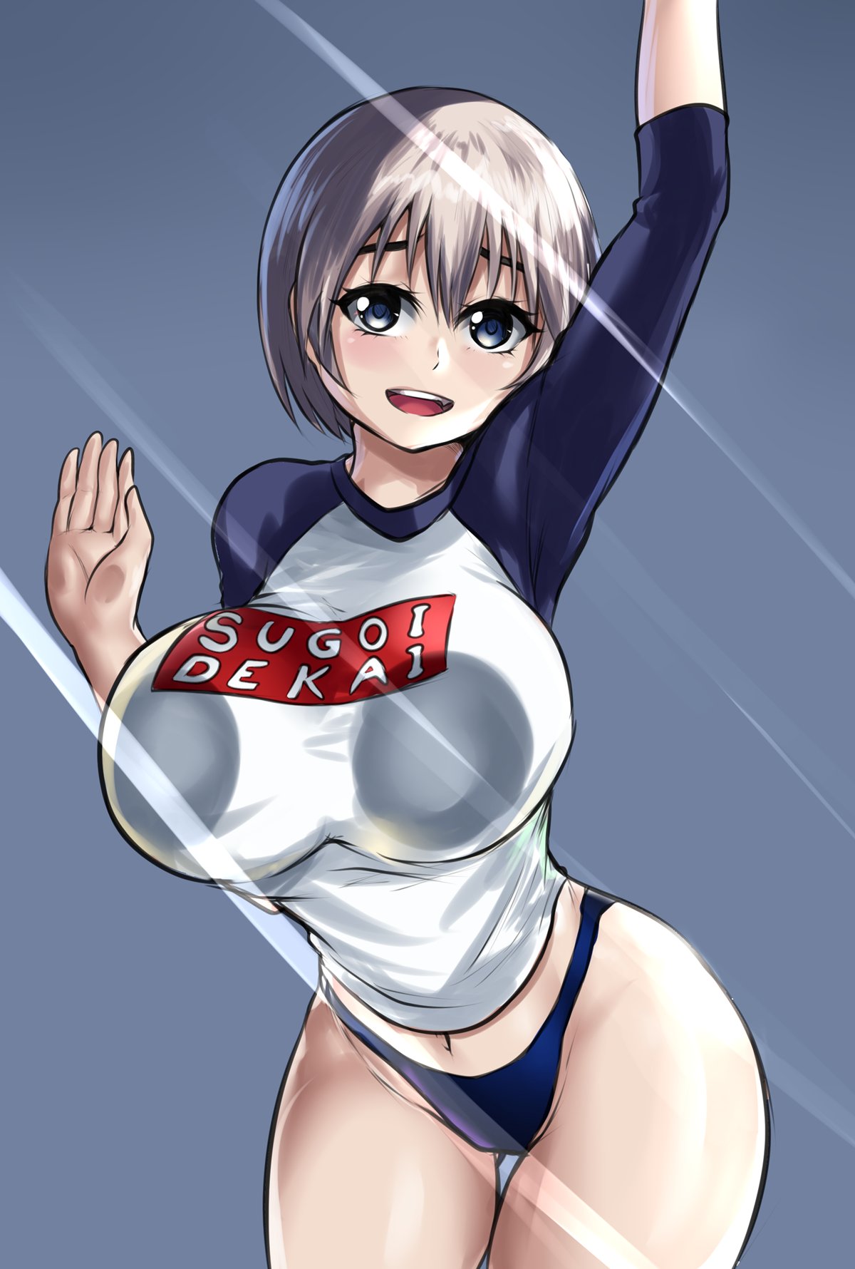 1girls, against glass, big breasts, blue eyes, breasts, eye contact, female, large breasts, leonart, light skin, light-skinned female, looking at viewer, pale skin, pale-skinned female, shirt, short hair, tight shirt, uzaki hana, uzaki-chan wa asobitai!