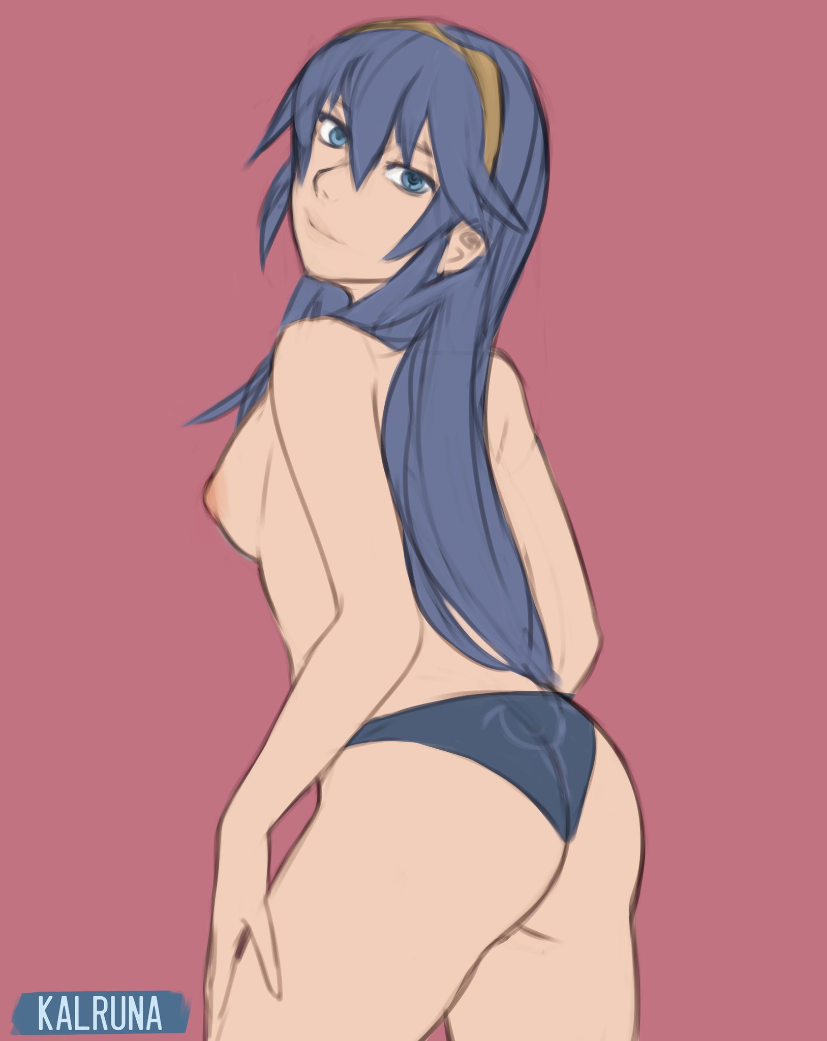 1girls, blue hair, breasts, female, fire emblem, fire emblem awakening, kalruna, long hair, looking back, lucina (fire emblem), nintendo, small breasts, solo, topless