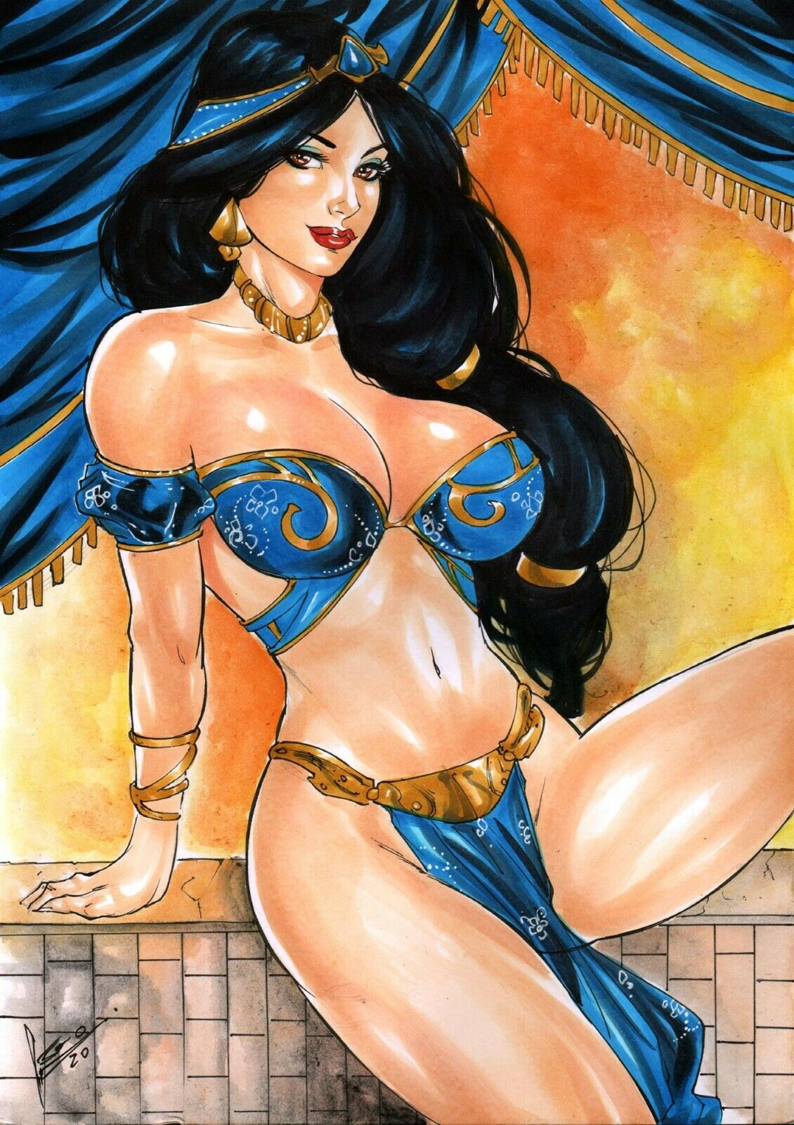 aladdin, alluring, arabian, arabian clothes, belly dancer, belly dancer outfit, black hair, bracelet, breasts, brown eyes, cleavage, curvy, dancer, dancer outfit, disney, disney princess, earrings, ed benes studio, female, female only, femsub, harem girl, harem outfit, huge breasts, jewelry, leonardo lourenco, loincloth, necklace, princess jasmine, slave, slave girl, slave outfit, submissive female, tanned skin, thick thighs, voluptuous