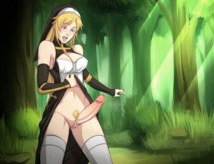 1futa absolute_territory claire's_quest cleavage clothed clothing detailed_background dress dress_lift female forest futa_only futa_sans_balls futanari futanari_transformation human human_only nun open_mouth pale_skin penis penis_growth pigutao shocked solo surprised thighhighs tongue transformation yellow_hair