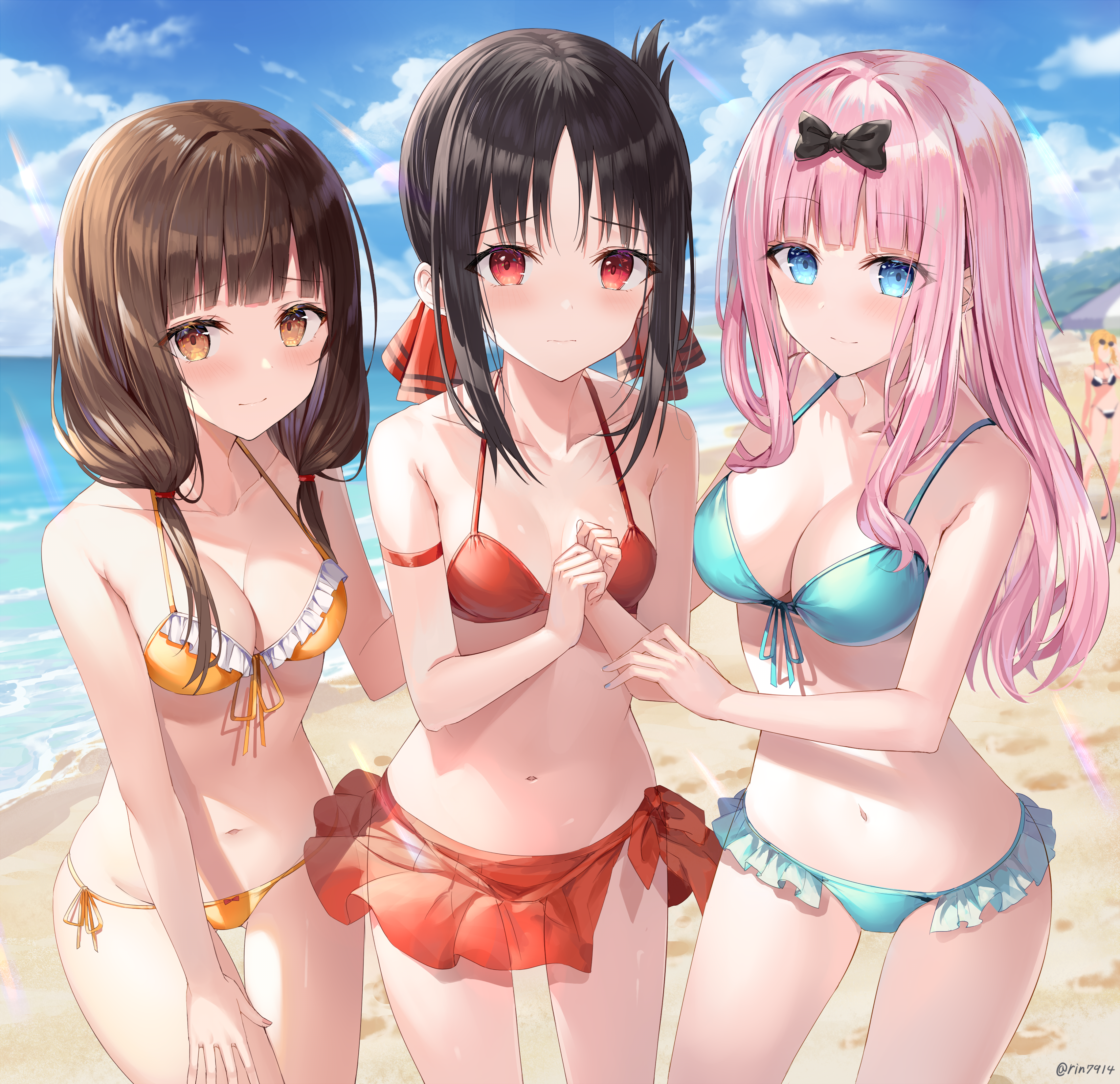 3girls, beach, bikini, black hair, blue eyes, blush, bow, breasts, brown eyes, brown hair, cleavage, cyan eyes, female, female only, fujiwara chika, hair ornament, hair ribbon, hairbow, hayasaka ai, hi res, high resolution, highres, human, iino miko, kaguya-sama wa kokurasetai ~tensai-tachi no renai zunousen~, long hair, medium breasts, midriff, navel, pink hair, red eyes, rin7914 (artist), see-through clothing, shinomiya kaguya, sideboob, small breasts, smile, swimsuit, swimwear, thighs