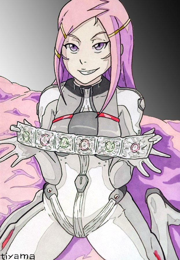 1girls anemone_(eureka_seven) bed bodysuit condom condom_belt condom_wrapper eureka_seven female_only happy imminent_sex inviting long_hair looking_at_viewer pale_skin pink_eyes pink_hair plugsuit sexually_suggestive smile smug tiyama toothy_grin