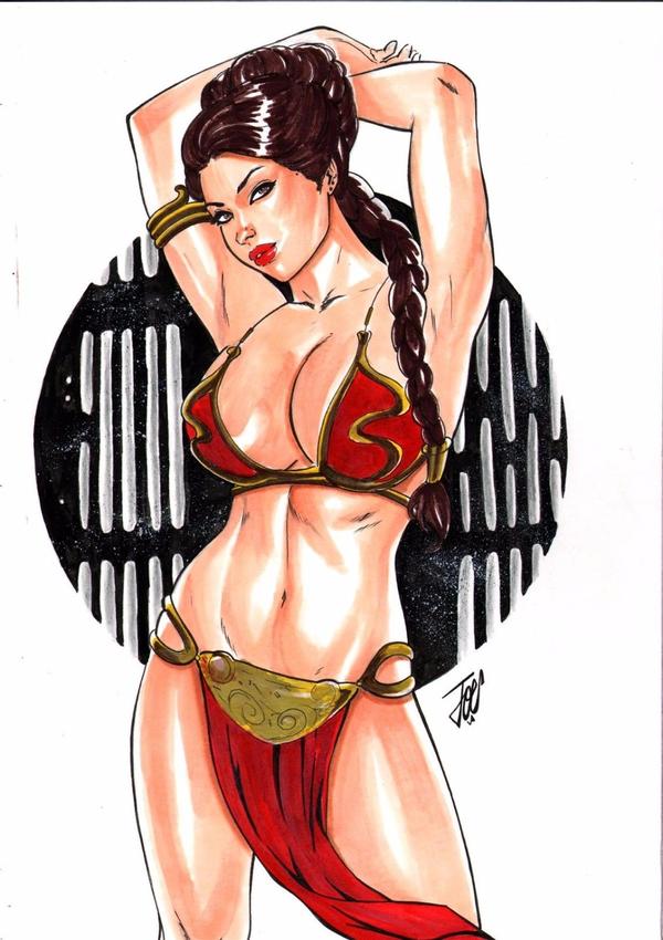 1girls arms_behind_head belly belly_dancer belly_dancer_outfit braid brown_eyes brown_hair cleavage dancer dancer_outfit female harem_girl harem_outfit huge_breasts joe_lima loincloth metal_bikini princess_leia_organa slave slave_bikini slave_leia slave_outfit slavegirl star_wars