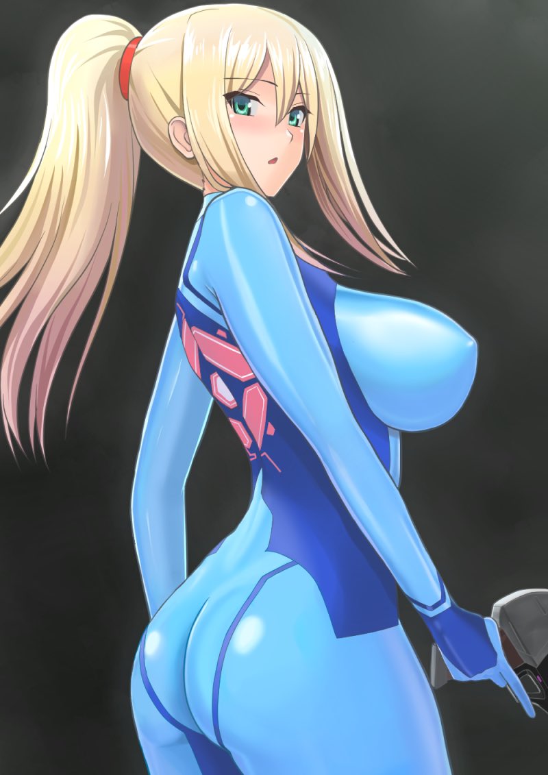 big breasts, blonde hair, blue eyes, breasts, clothed female, female, female focus, female only, long hair, metroid, nintendo, nipples, nipples visible through clothing, ponytail, samus aran, solo, solo female, solo focus, zero suit, zero suit samus