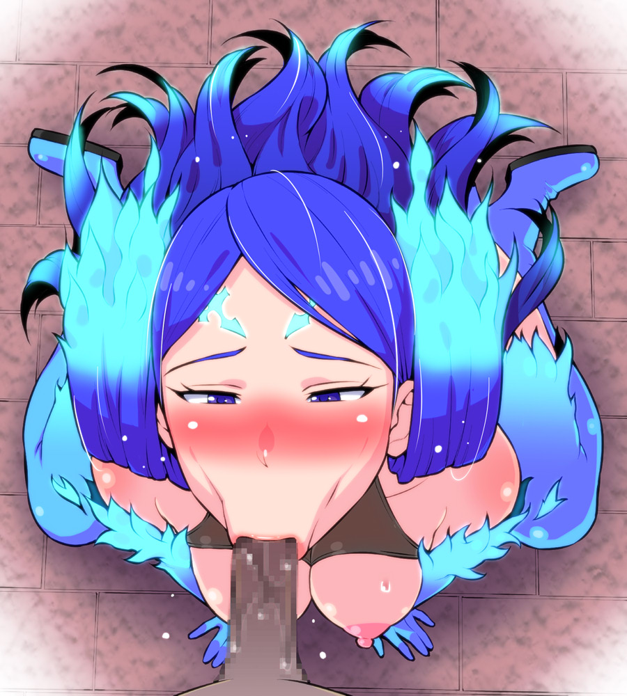 :>=, 1boy, 1girls, blue hair, blush, brighid (xenoblade), censored, dark skin, dark-skinned male, fellatio, female, kneeling, male, male pov, nintendo, oral, pov, sanagi torajirou, sweat, xenoblade (series), xenoblade chronicles 2