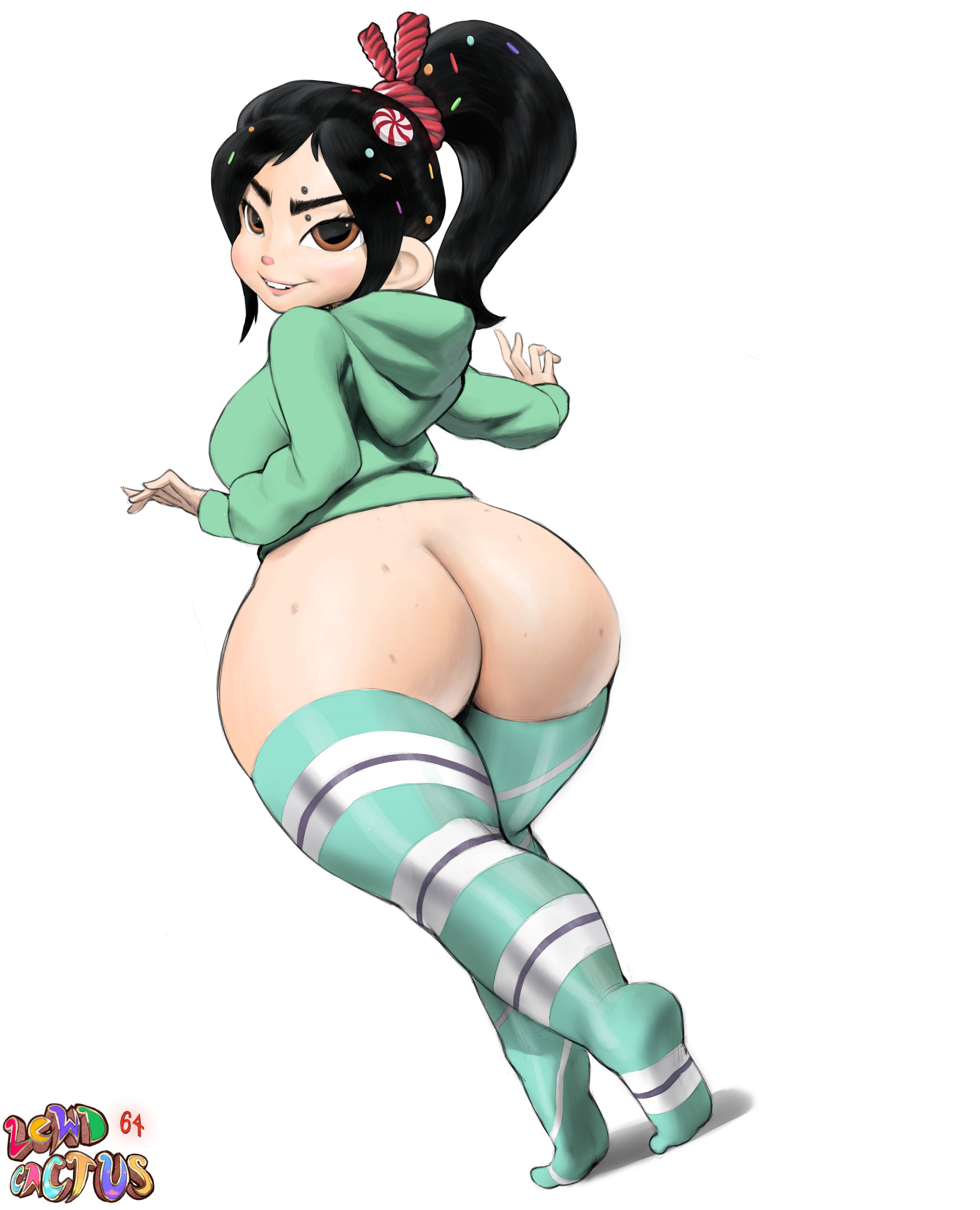 1girls, aged up, ass, big ass, big breasts, big butt, black hair, breasts, brown eyes, disney, feet, female, female only, green legwear, green sweater, grin, hair ornament, highres, hood, hooded sweater, hoodie, huge ass, large ass, large breasts, lewdcactus, long hair, namespace, older, ponytail, shortstack, simple background, smile, solo, sweat, sweater, thick ass, thick eyebrows, thick thighs, thighhighs, thighs, vanellope von schweetz, white background, wide hips, wreck-it ralph