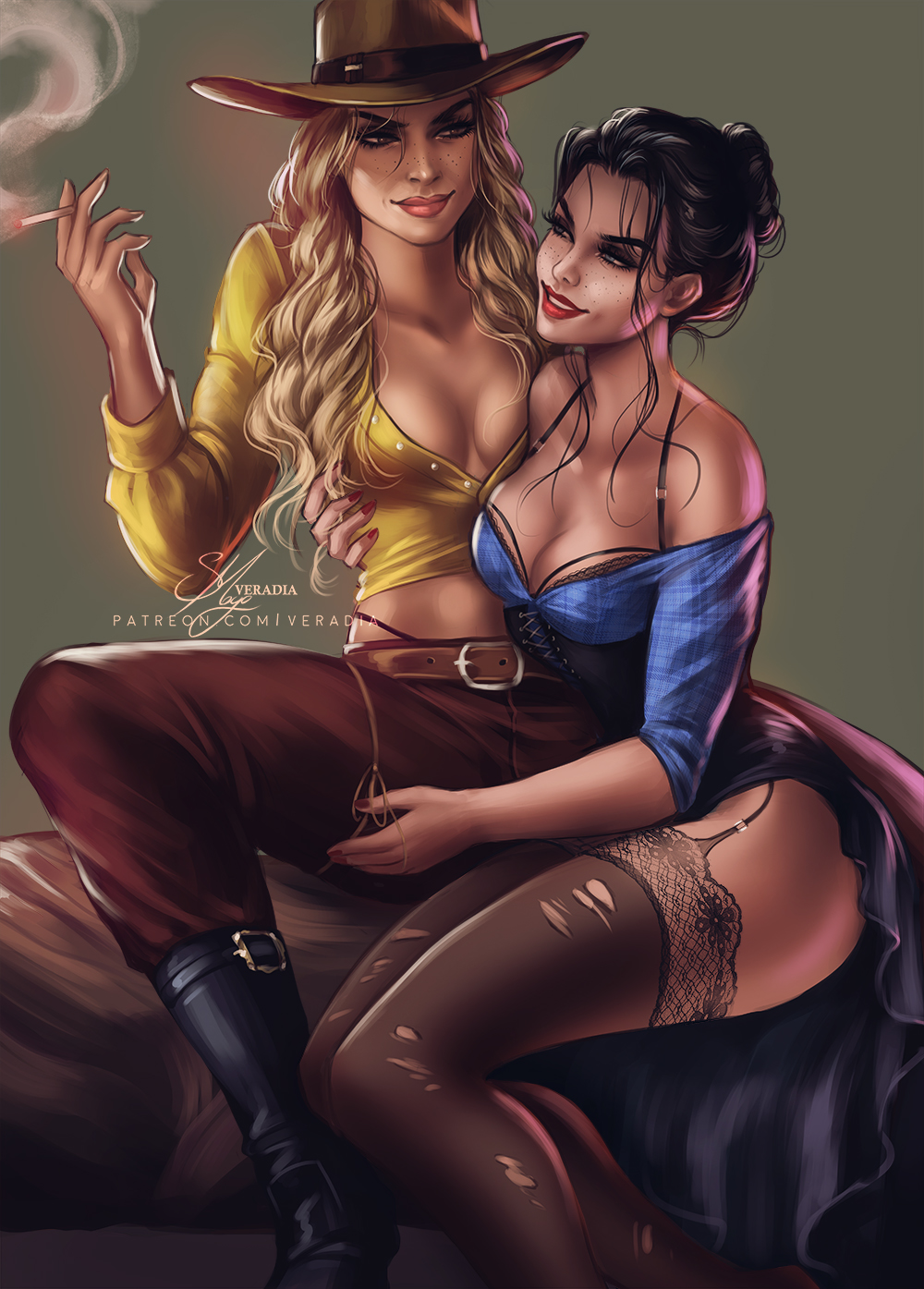 2d 2girls abigail_marston black_hair blonde_hair blue_eyes boots cigarette cleavage cowboy_hat female female_only freckles hair_bun hand_on_thigh long_hair pinup red_dead_redemption_(series) red_dead_redemption_2 rockstar_games sadie_adler smoking tagme torn_clothes veradia yuri