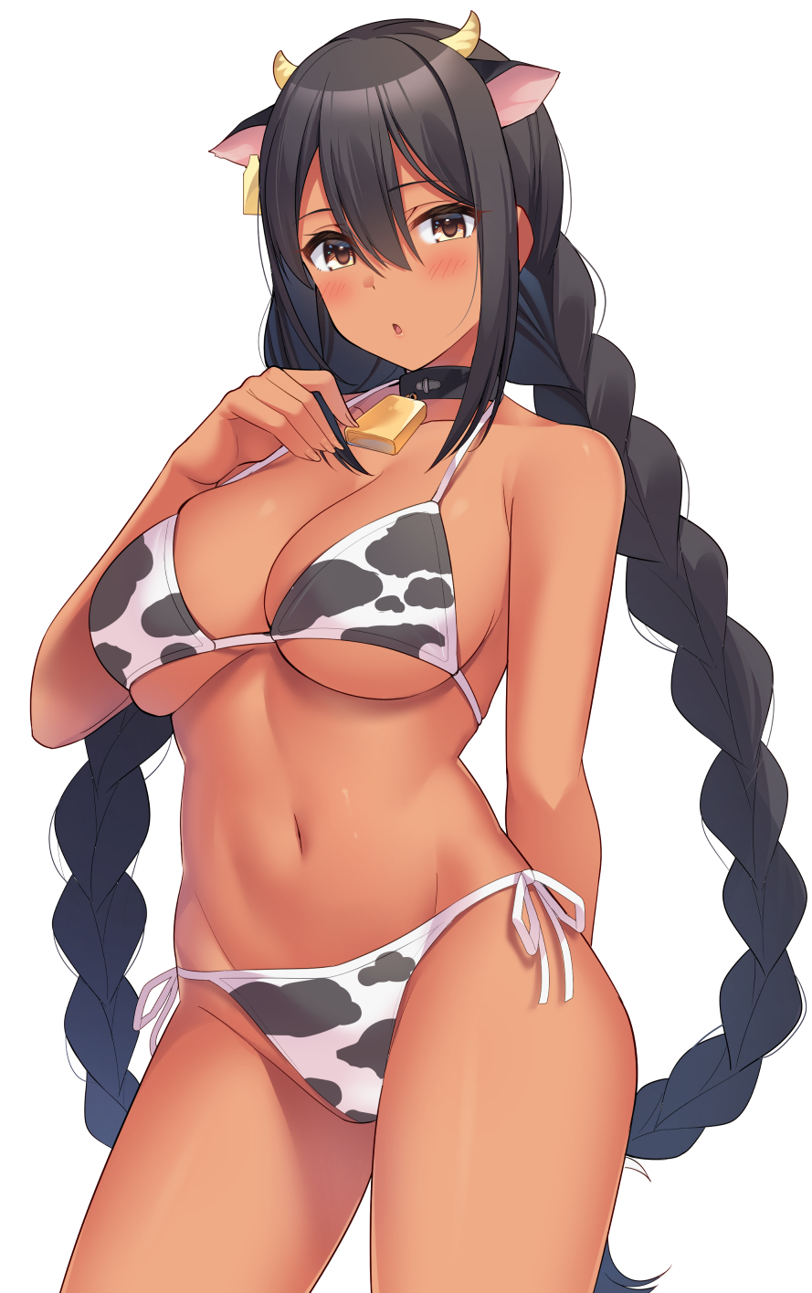 1girls 2021 animal_ears animal_print arm_behind_back azur_lane bangs bare_shoulders bell bikini black_hair blush braid breasts cleavage collar collarbone covered_nipples covered_pussy cow_ears cow_horns cow_print cow_print_bikini cowbell dark-skinned_female dark_skin female female_focus female_only hand_on_breast hand_on_chest hand_on_own_breast hand_on_own_chest highres horns large_breasts long_hair looking_at_viewer native_american navel neck_bell open_mouth sidelocks simple_background solo solo_female south_dakota_(azur_lane) super_nagoyaka swimsuit thighs twin_braids white_background