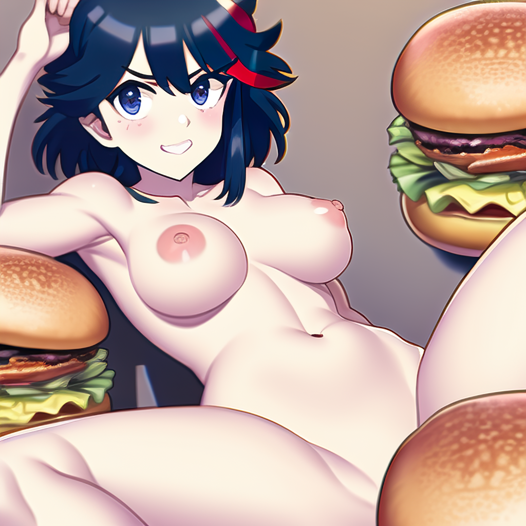 1girls ai_generated asian_female big_burger breasts burger female female_only kill_la_kill light-skinned_female matoi_ryuuko nai_diffusion nude short_hair stable_diffusion straight_hair studio_trigger surrounded_by_burgers tomboy