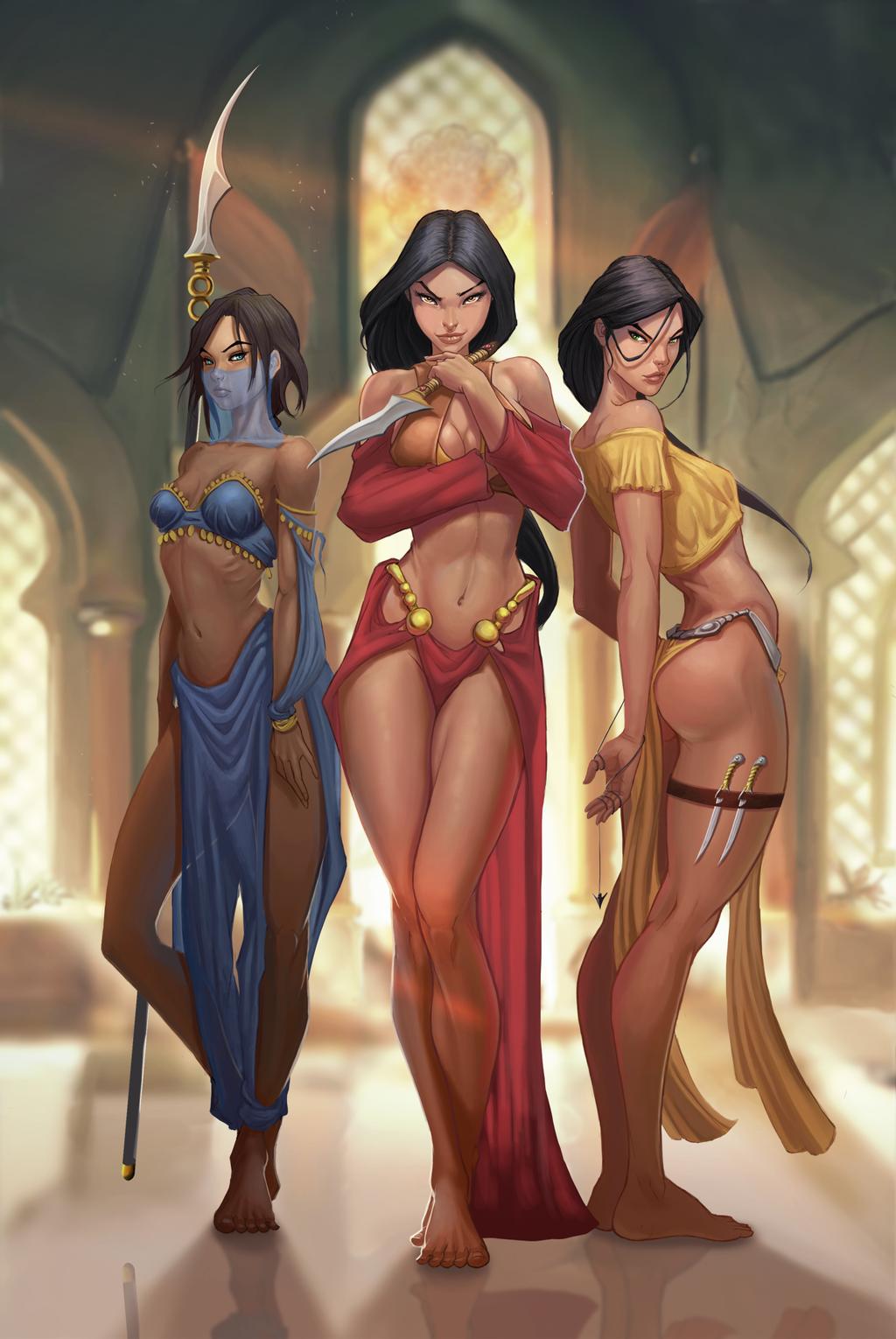 3girls, amber eyes, arabian, arabian clothes, ass, assassin, barefoot, belly, belly dancer, belly dancer outfit, black hair, blue eyes, breasts, cleavage, curvy, dagger, dancer, dancer outfit, erect nipples, female, female only, green eyes, harem, harem girl, harem outfit, large breasts, loincloth, long hair, medium breasts, multiple females, multiple girls, nipples, nipples visible through clothing, short hair, small breasts, thighband, waveloop