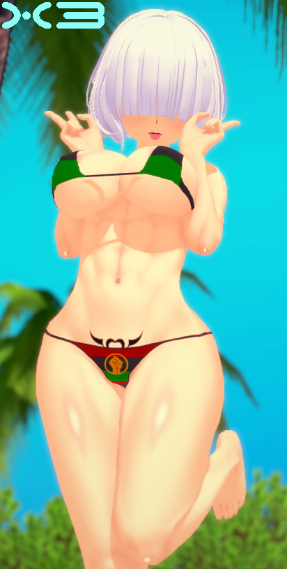 1girls 3d beach big_ass big_breasts black_lipstick blacked blush female female_focus female_only flag_bikini hair_over_eyes hitoma_(x3n0n999) koikatsu milf pale-skinned_female pan-african_flag pan_african_flag_bikini peace_sign pubic_tattoo raceplay short_hair solo tattoo thick_thighs tongue_out watermark white_hair x3n0n999