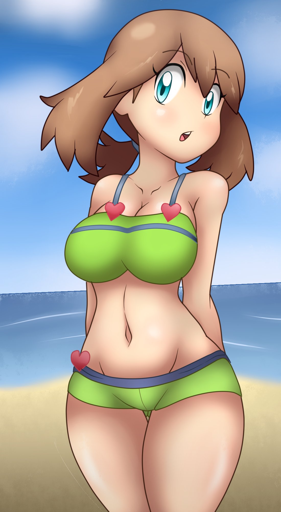 1girls, ass, beach, big ass, bikini, blue eyes, breasts, brown hair, cucarachaaa, female, large breasts, may (pokemon), navel, open mouth, pokemon, pokemon rse, solo, thick thighs, voluptuous, wide hips