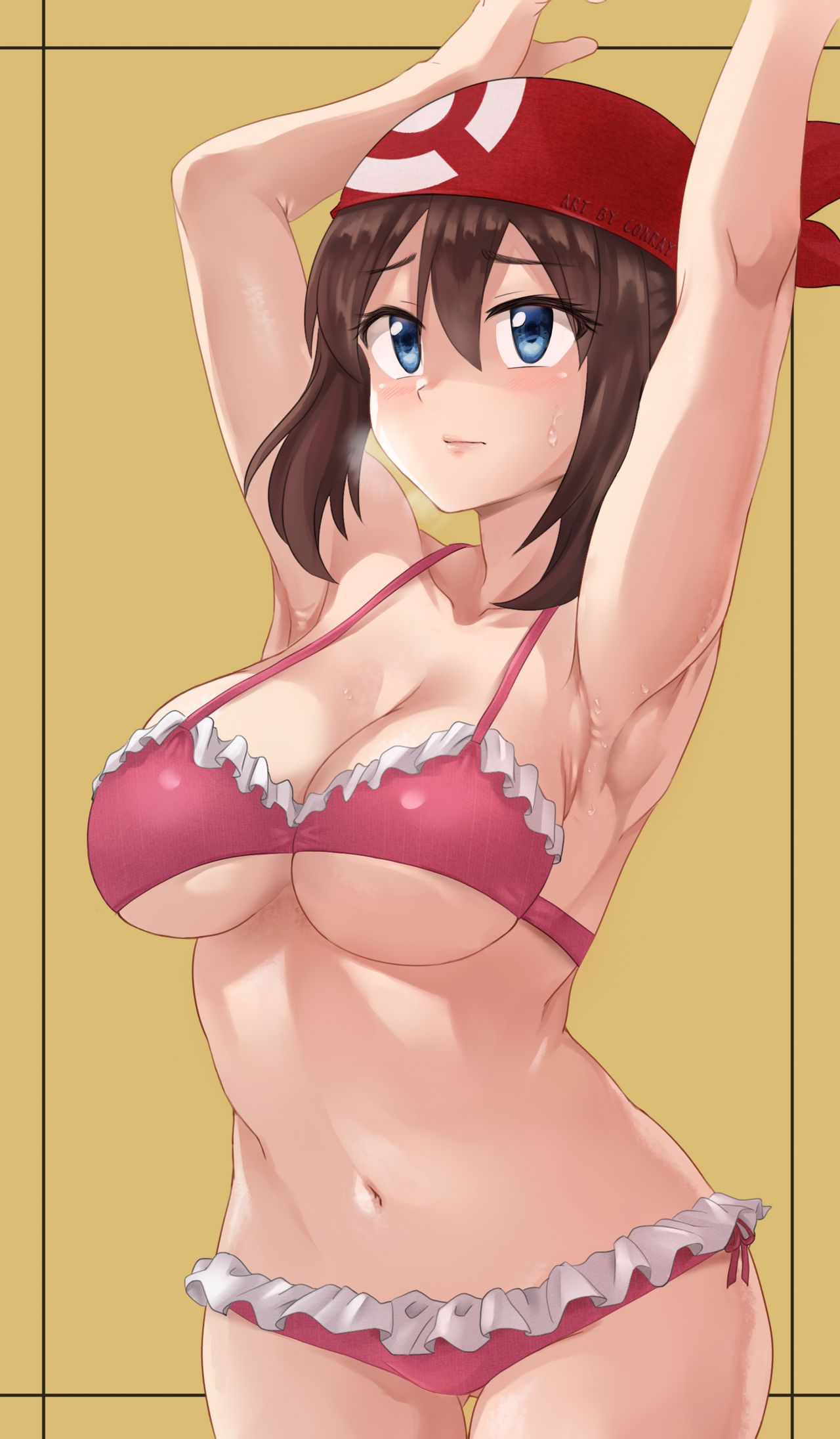 armpits, bandana, belly, blue eyes, breasts, conray01717, curvy, female, female only, huge breasts, light brown hair, may (pokemon), navel, pink underwear, pokemon, pokemon rse, sweat, sweaty, underboob, underwear, voluptuous