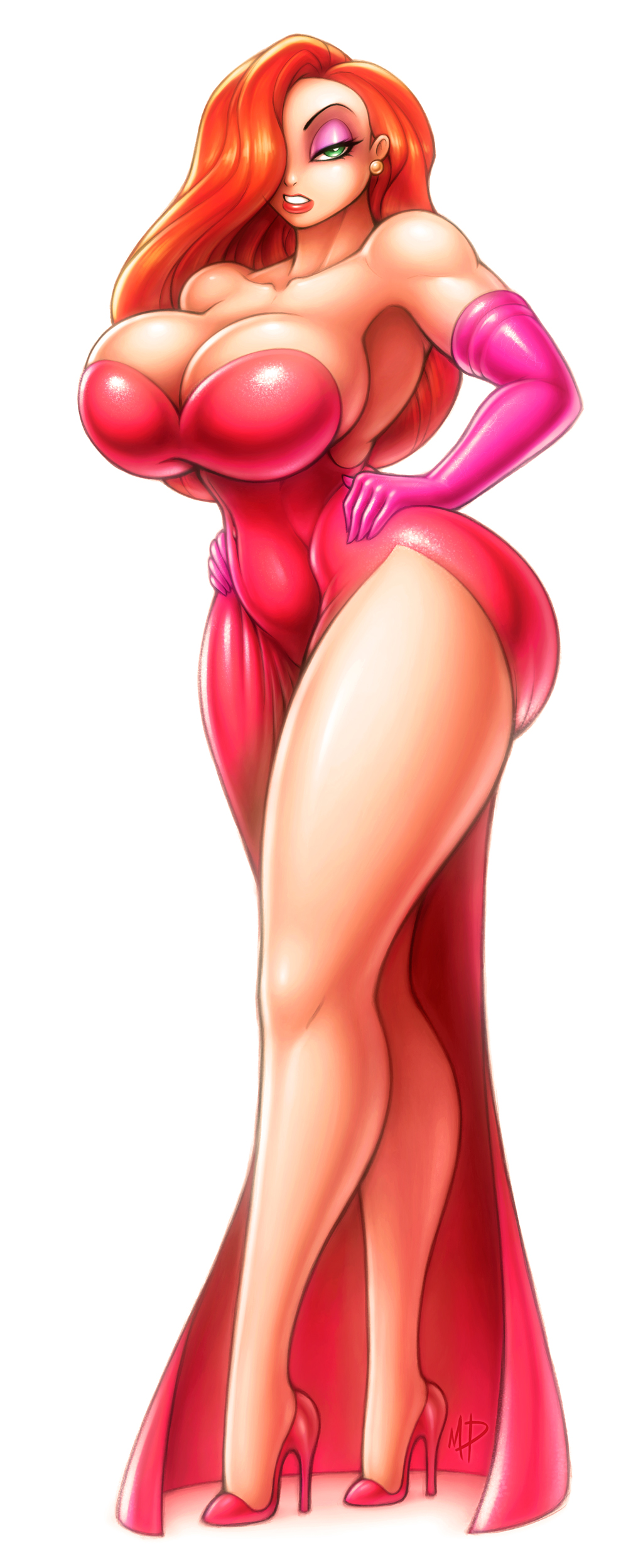 big breasts, breasts, disney, earring, female, female focus, female only, green eyes, heels, high heels, huge breasts, jessica rabbit, mature female, plain background, red hair, red high heels, simple background, solo, solo female, solo focus, thick thighs, thunder thighs, white background, who framed roger rabbit