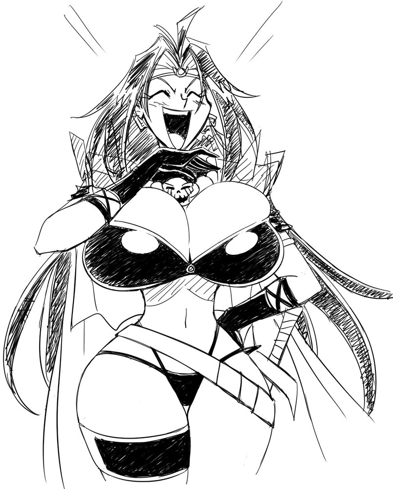 1girls, bikini, bikini armor, black and white, bone necklace, breasts, circlet, cleavage, closed eyes, female, female only, highleg bikini, hourglass figure, huge breasts, human, laughing, long hair, looking at viewer, matsu-sensei, monochrome, naga the serpent, ojou-sama pose, open mouth, skimpy clothes, slayers, solo, sorceress, thick thighs, thin waist, thong, wide hips
