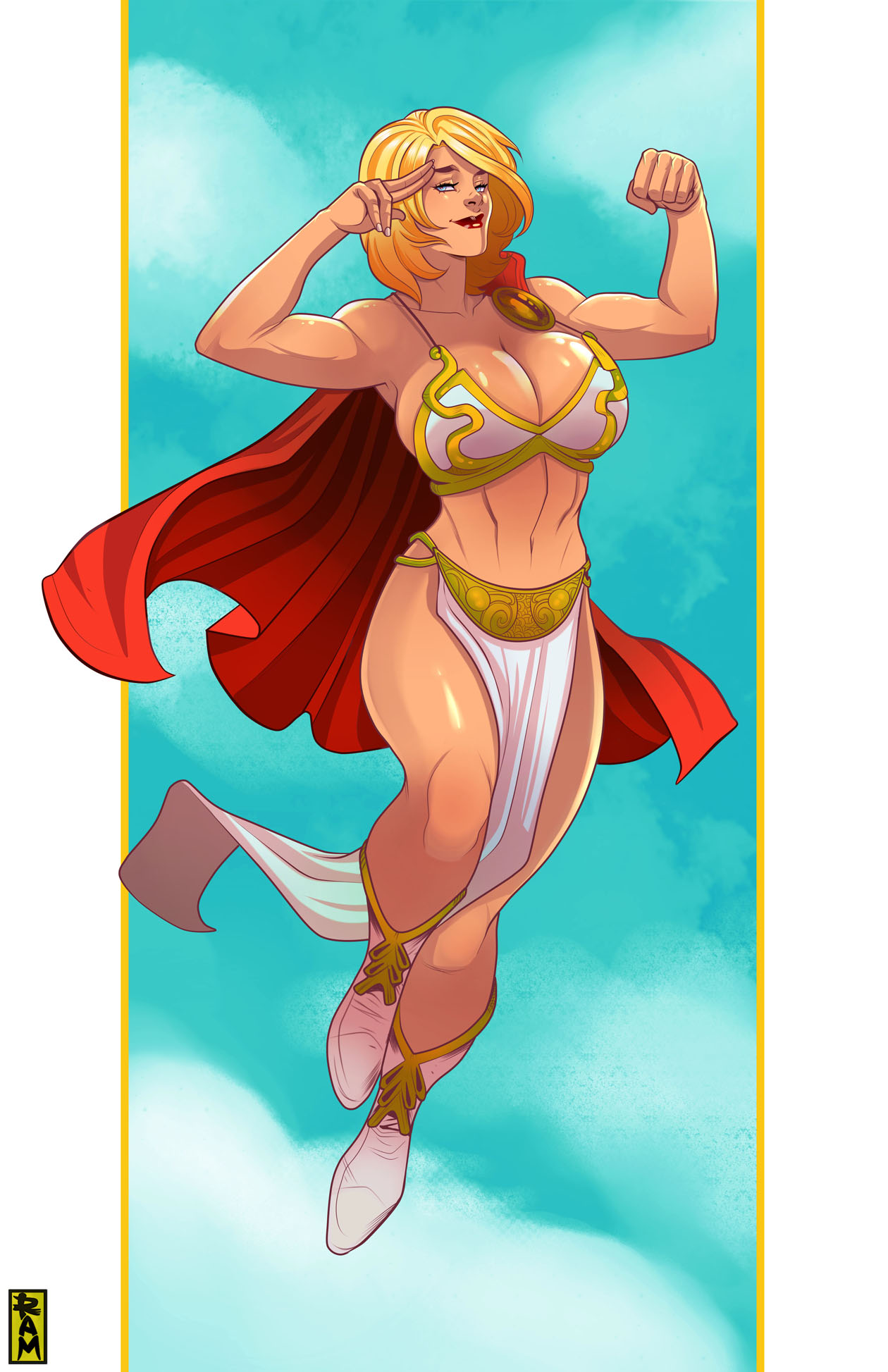 1girls, blonde, blonde hair, blue eyes, boots, breasts, cape, cleavage, cosplay, crossover cosplay, dc, dc comics, female, female only, flying, harem outfit, huge breasts, karen starr, lipstick, loincloth, muscular, muscular female, navel, power girl, ramartwork, red lipstick, short hair, slave, slave bikini, slave girl, slave leia (cosplay), slave outfit, solo, solo female, star wars, superheroine, superman (series), voluptuous