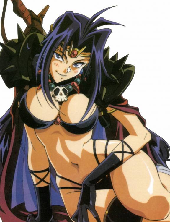 1girls, bikini armor, bone necklace, breasts, circlet, cleavage, female, female only, human, large breasts, light skin, light-skinned female, long hair, naga the serpent, open mouth, pale skin, pale-skinned female, purple hair, retro, skimpy clothes, slayers, smiling, solo, sorceress, thong