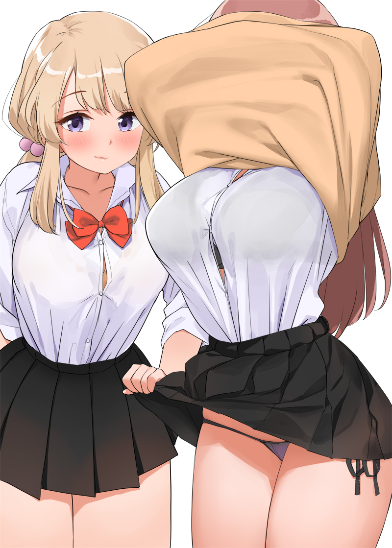 arms_above_head assisted_exposure blonde_hair busty curvaceous flashing huge_breasts kaisen_chuui lifting lifting_skirt original panties pantyshot pantyshot_(standing) removing_shirt showing_off smug smug_face smug_smile taking_clothes_off thick thick_thighs unaware wide_hips