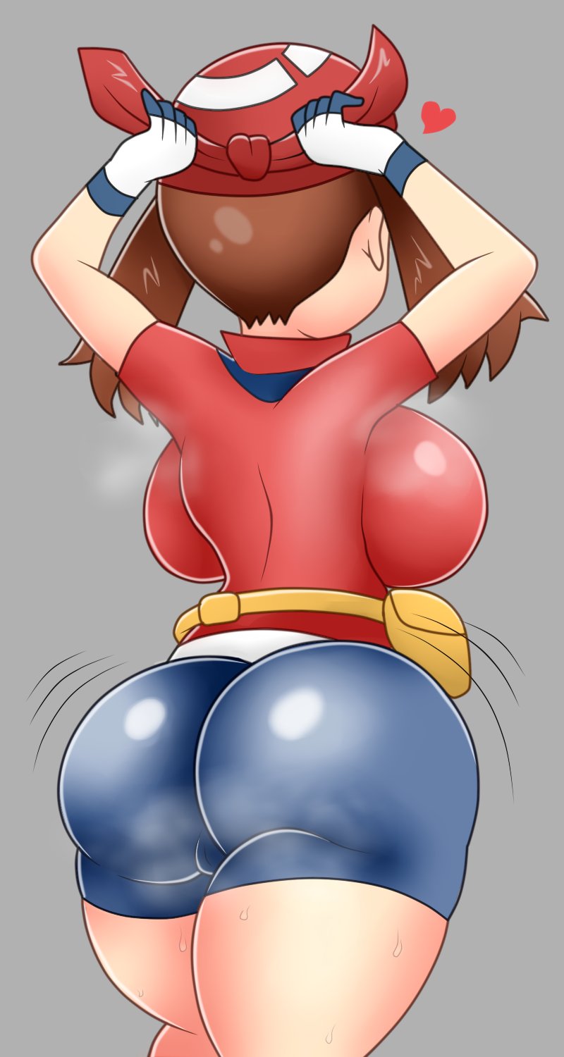 1girls, ass, backboob, bandana, belt, big ass, big breasts, bottomwear, breasts, brown hair, cucarachaaa, female, fully clothed, gloves, grey background, handwear, headwear, heart, huge ass, huge breasts, large ass, light skin, light-skinned female, may (pokemon), nintendo, on back, pale skin, pale-skinned female, pokemon, pokemon rse, shorts, solo, spandex, sweat