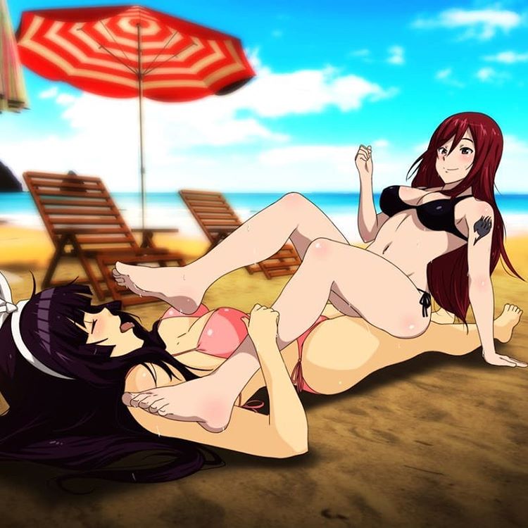 2girls, arm tattoo, barefoot, beach, bikini, blue tattoo, erza scarlet, fairy tail, fairy tail mark, feet, feet licking, female, foot fetish, kagura mikazuchi, legs, multiple females, multiple girls, purple hair, purple-haired female, red hair, red-haired female, tagme, tattoo, toes, yuri