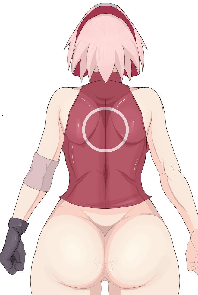 1girls, ass, back view, bottomless, elbow pads, female, female only, glove, naruto, naruto (series), naruto shippuden, one glove, pink hair, sakura haruno, solo, standing