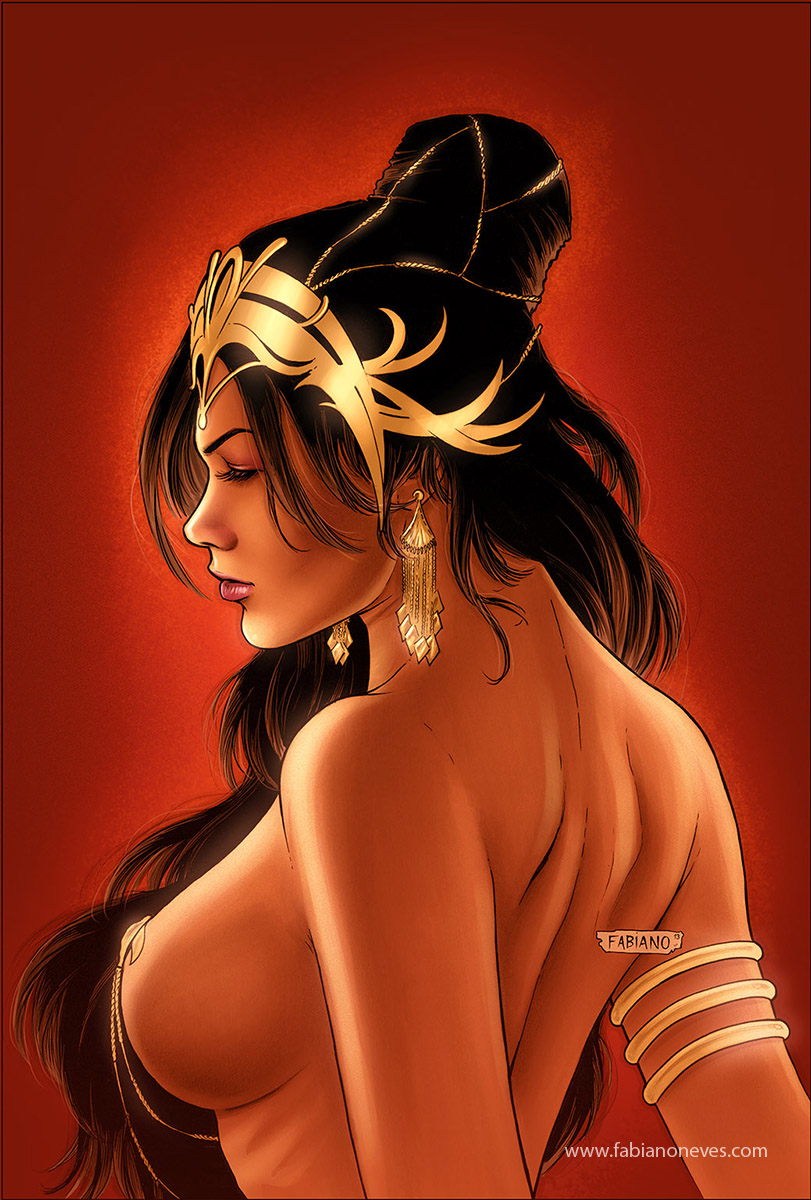 1girls a_princess_of_mars armband barsoom closed_eyes dejah_thoris earrings fabiano_neves female gold_pasties headdress large_breasts nipple_cover nude pasties portrait royalty