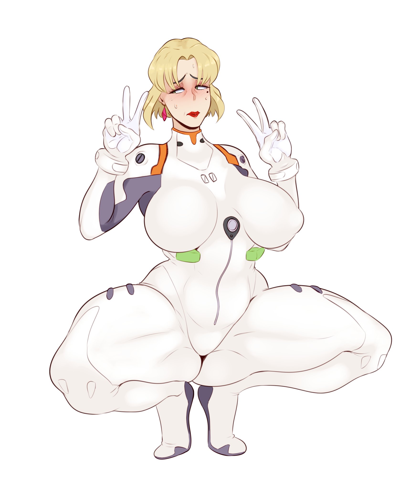 1girls, big breasts, blonde hair, blush, bodysuit, breasts, clothing, curvy, female, gainax, human, large breasts, light skin, light-skinned female, mole, mole under eye, neon genesis evangelion, pilot suit, plugsuit, ritsuko akagi, scientist, short hair, solo, spread legs, squatting, sunnysundown, thick thighs, v, voluptuous, wide hips