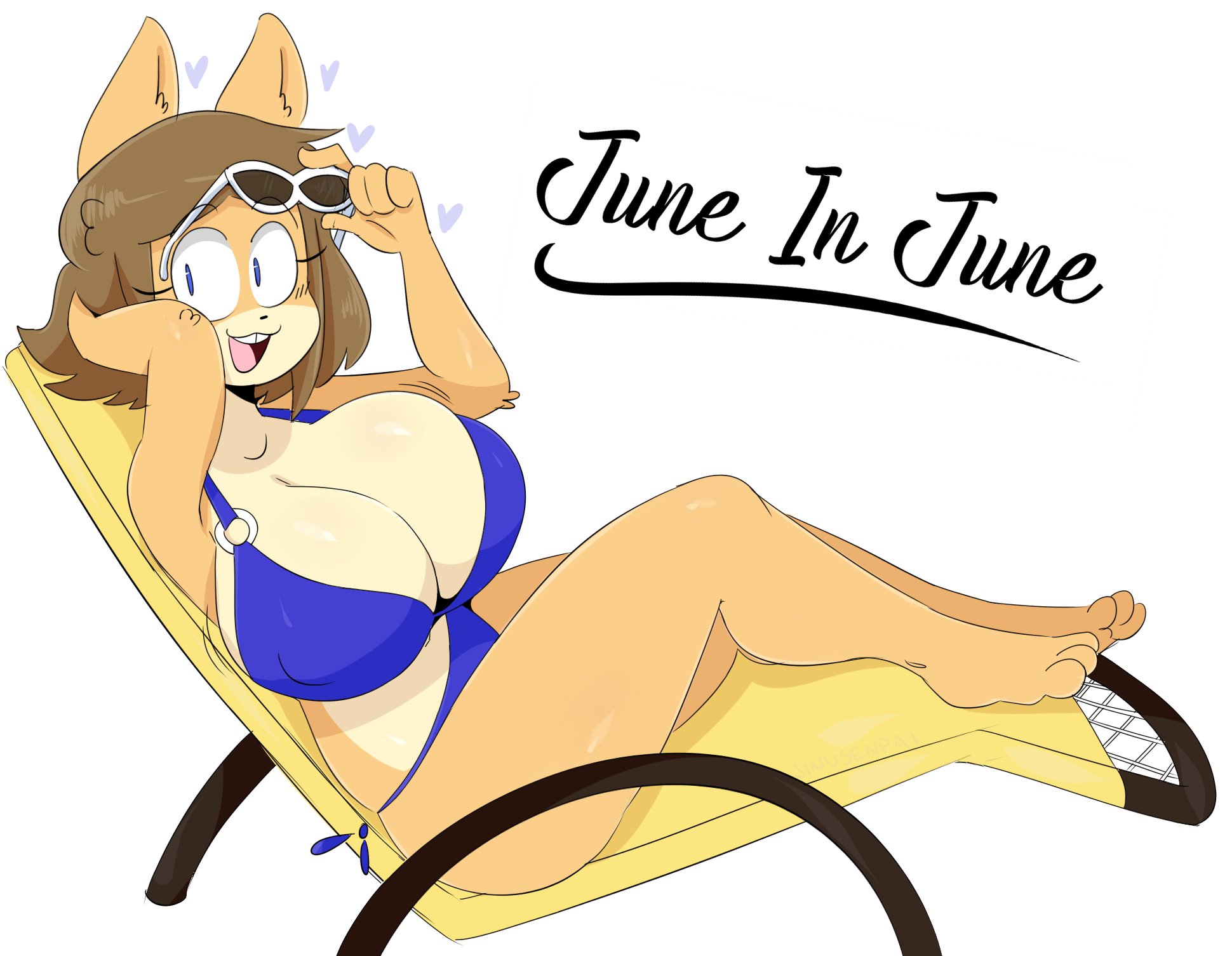 2017, 2020, anthro, beach chair, big breasts, bikini, blue bikini, breasts, female, glasses, jinu, june (jinu), legs, simple background, smile, tagme, text, white background