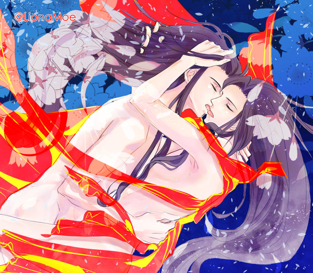 artistic artistic_nude bishonen gay jiang_cheng kissing lan_xichen lionamoe long_hair_male male_only mo_dao_zu_shi romantic tongue_kiss yaoi