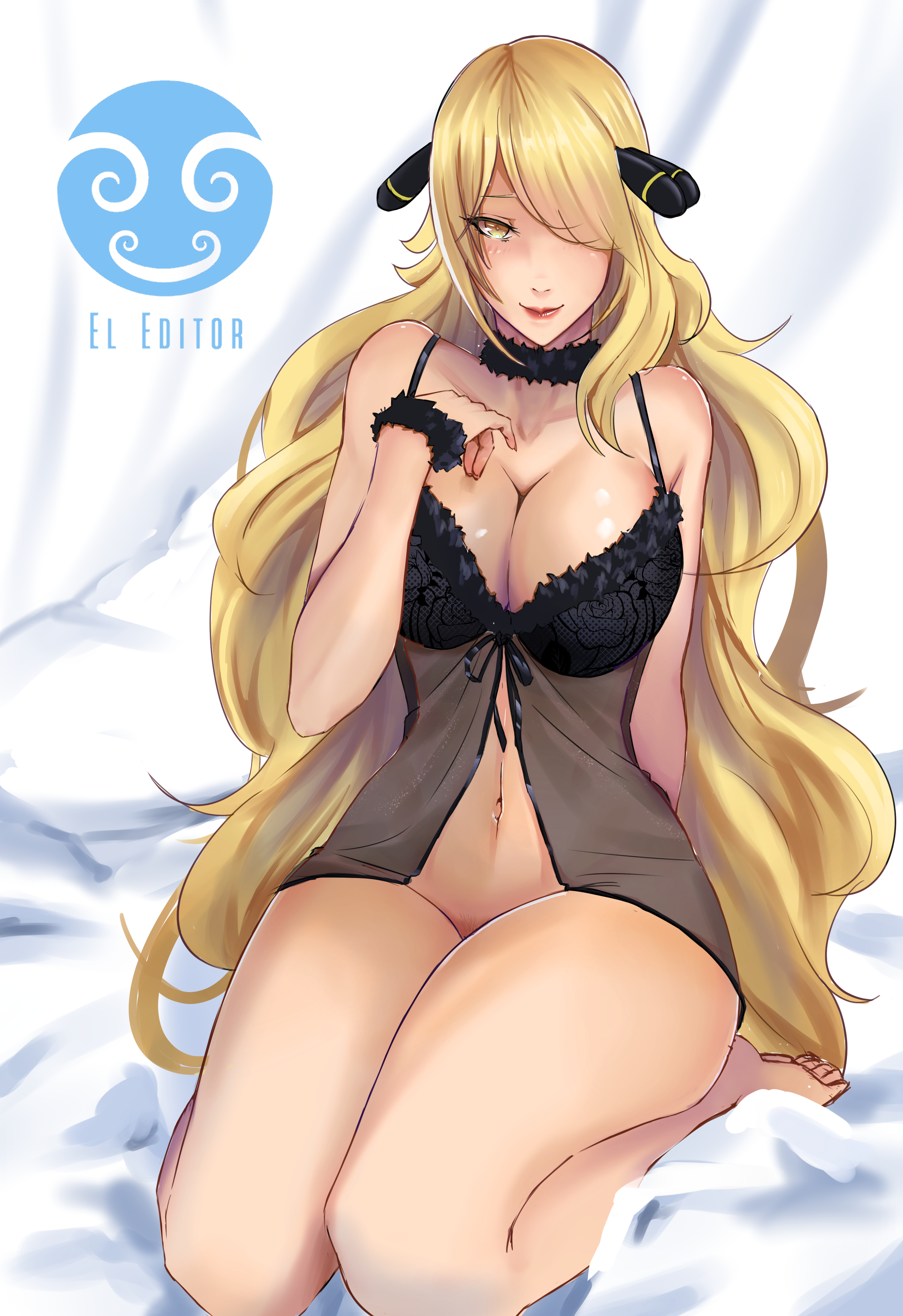 1girls, big breasts, blonde hair, bottomless, breasts, cleavage, cynthia (pokemon), eleditor, female, hair ornament, large breasts, light skin, light-skinned female, lingerie, lipstick, negligee, nintendo, no panties, pale skin, pale-skinned female, pokemon, pokemon dppt, thick thighs, very long hair, wide hips, yellow eyes