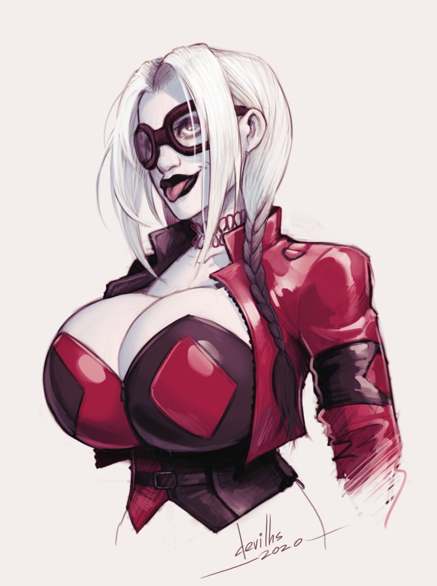1girls, 2020, 2d, alternate breast size, artist signature, batman (series), big breasts, breasts, bustier, choker, cleavage, dc, dc comics, devil hs, female, female only, fully clothed, goggles, harleen quinzel, harley quinn, hourglass figure, huge breasts, large breasts, lipstick, revealing clothes, signature, solo, solo female, the suicide squad