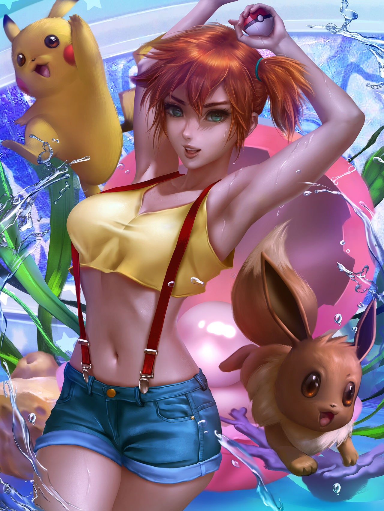1girls, armpits, arms up, clothing, eevee, female, kasumi (pokemon), logan cure, misty (pokemon), nintendo, pikachu, pokémon (species), pokemon, pokemon (species), realistic, suspenders