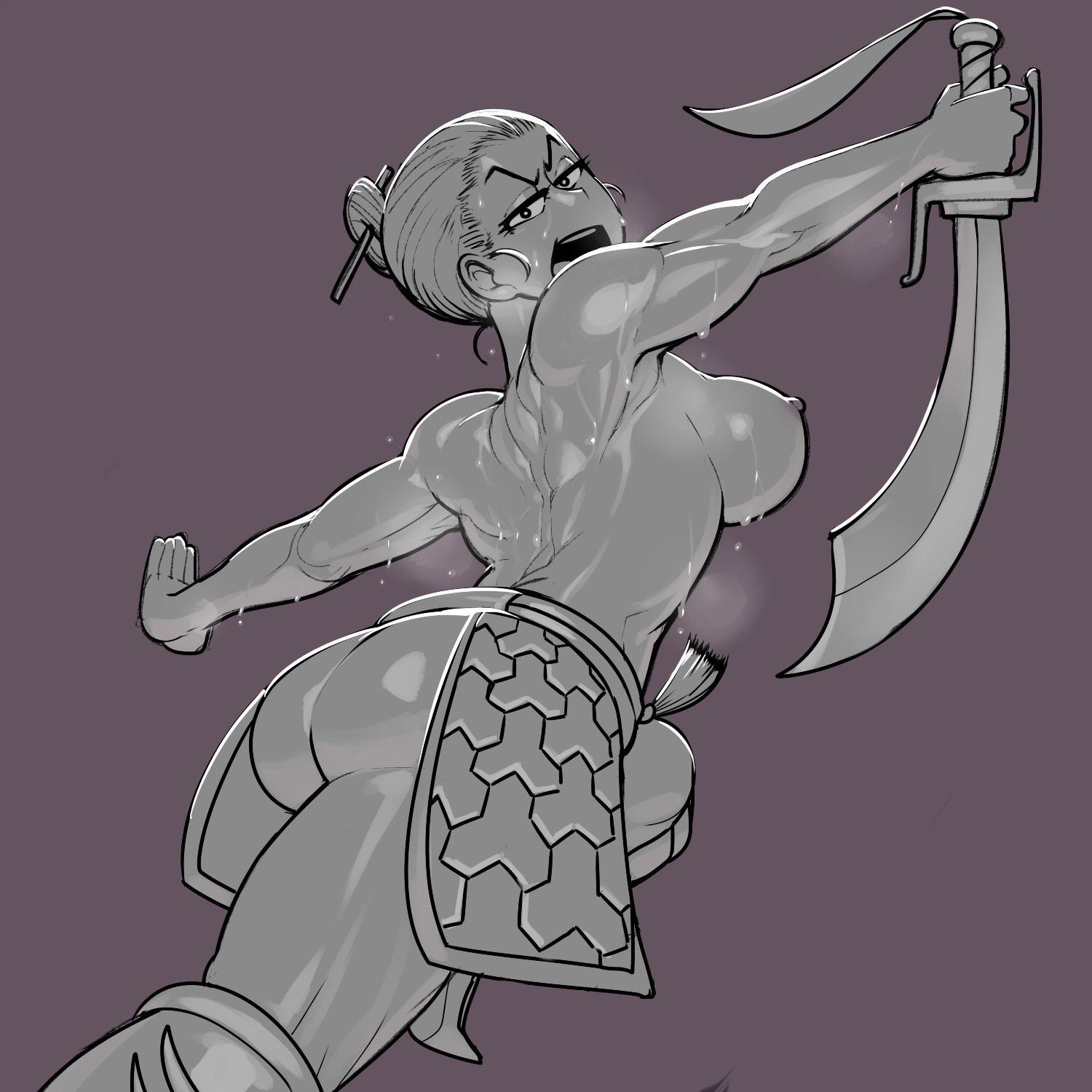 1girls, asian, asian female, ass, breasts, female, female only, for honor, hair bun, japanese, japanese female, krekk0v, looking at viewer, monochrome, muscular, muscular female, nipples, partially clothed, sketch, solo, solo female, sweat, sword, tiandi (for honor), topless, weapon