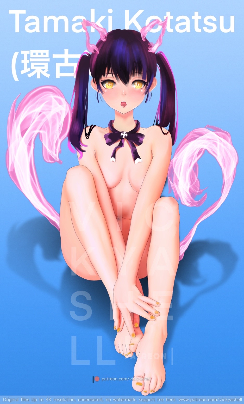 animal ears, black hair, cat ears, enen no shouboutai, feet, fire force, foot fetish, fox ears, fox tail, kotatsu tamaki, orange eyes, vickyashell